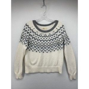 Hollister Womens Sweater White Gray Medium M Knit Round Neck Rhinestone